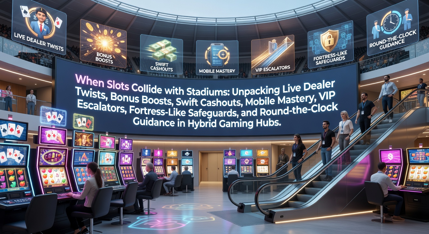 Ein dynamisches Bild von Spielautomaten, die mit Stadien fusionieren, um hybride Gaming-Welten zu zeigen, inklusive Live-Dealern und Sportevents